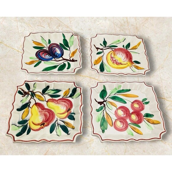 Italian Hand Painted 7in Fruit Designs Salad Plates Dip Bowls Set 4 Vintage - Picture 1 of 11